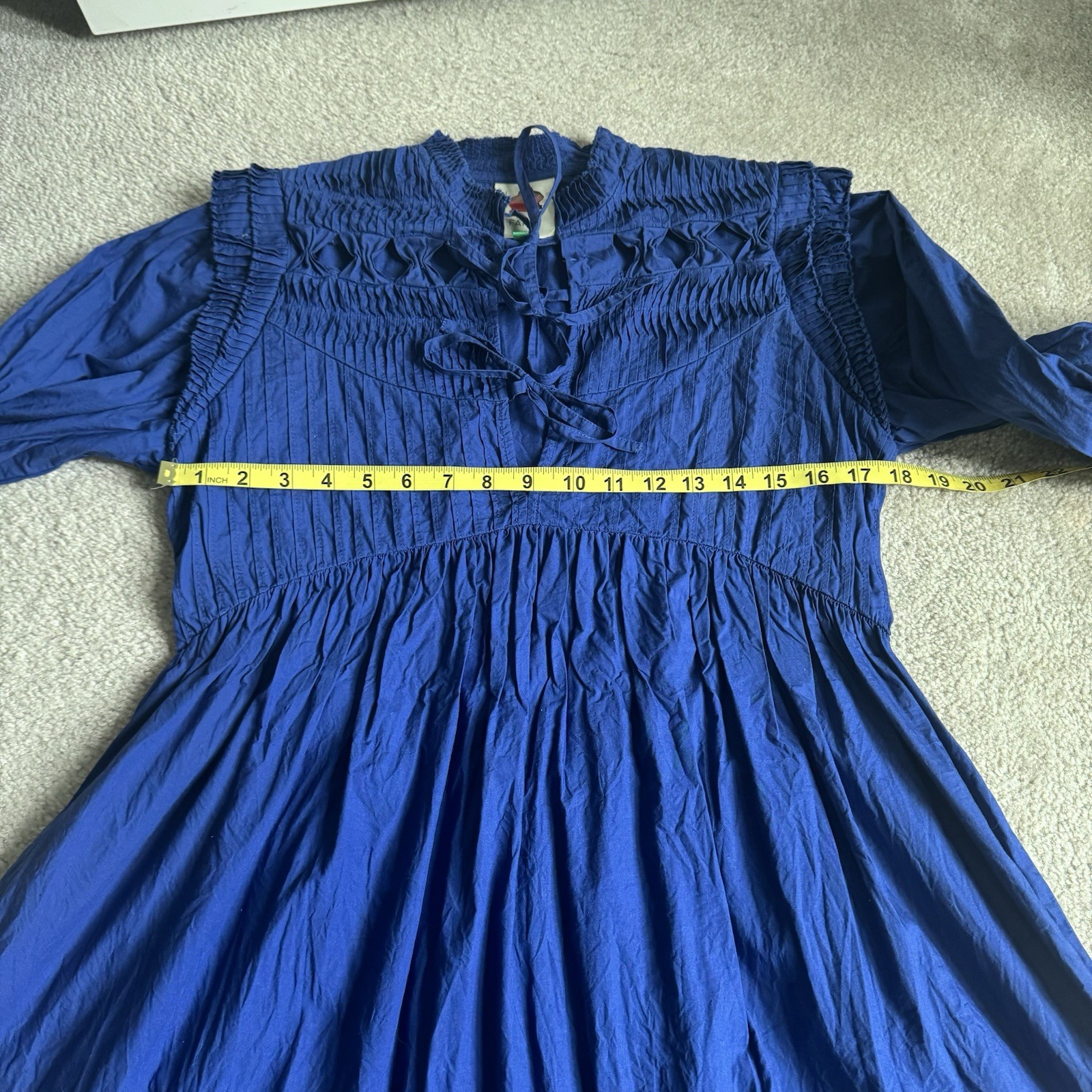 Farm Rio Royal Blue Open Yoke Pintuck Cotton Poplin Mini Dress Boho Cottagecore