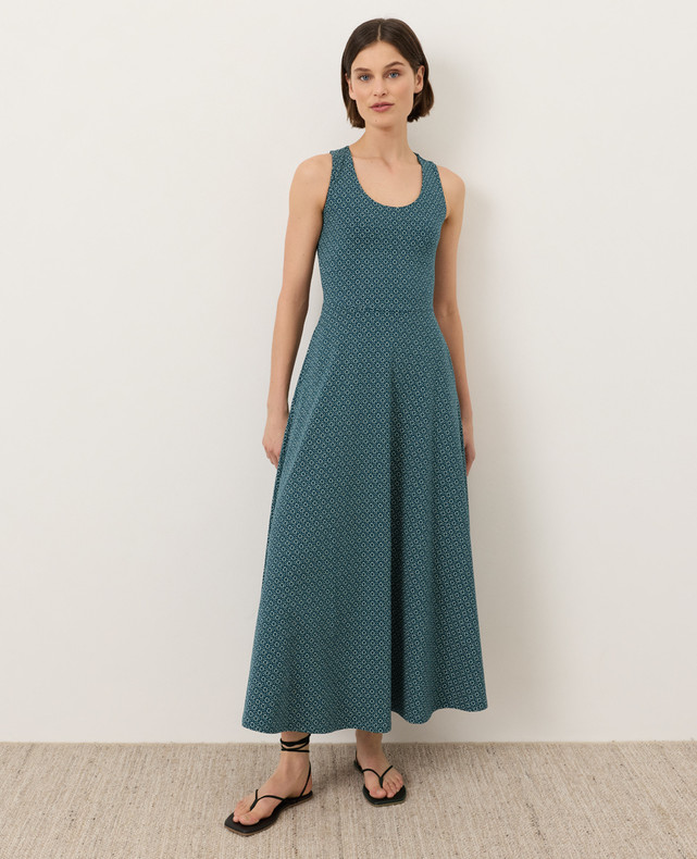 PACT Organic Fit & Flare Open Back Maxi Dress – Ditsy Dot Floral Deep Aqua (NEW)