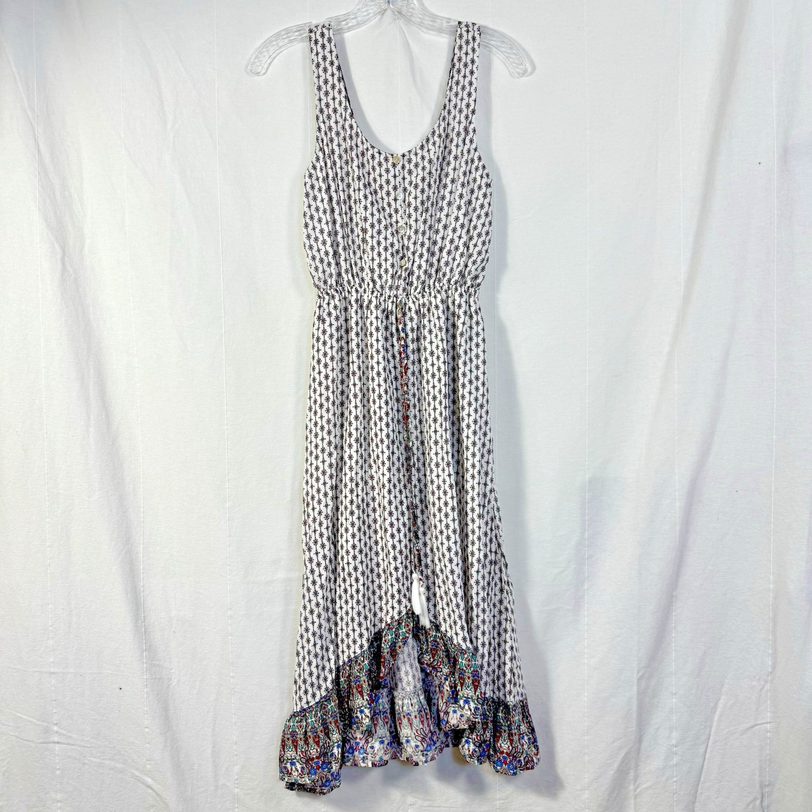 Indigo Rose Dress Women’s Size S Floral Sleeveless Boho Asymmetrical Hem Midi