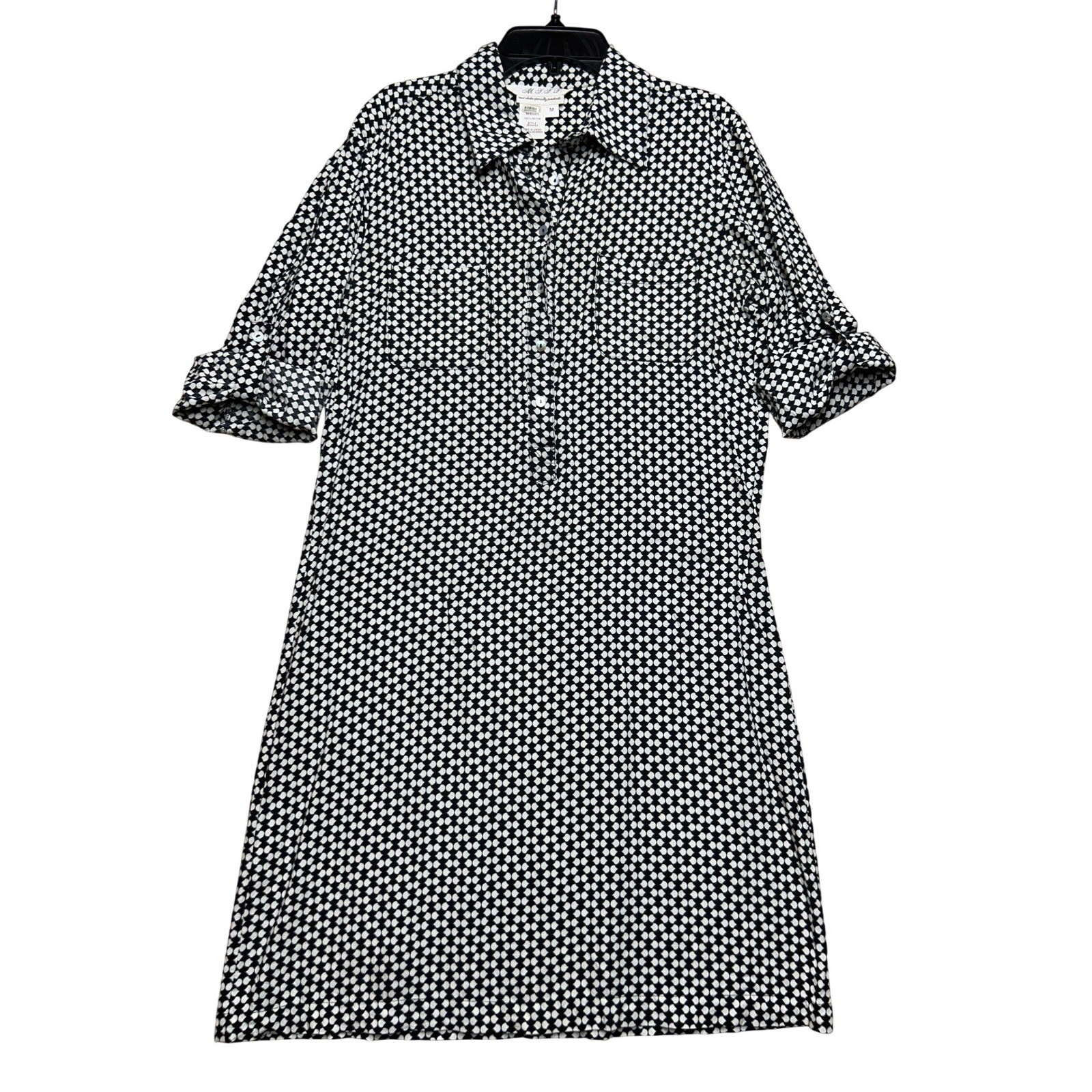 MSSP Max Studio Black White Geometric Roll Tab Shirt Dress Womens Medium