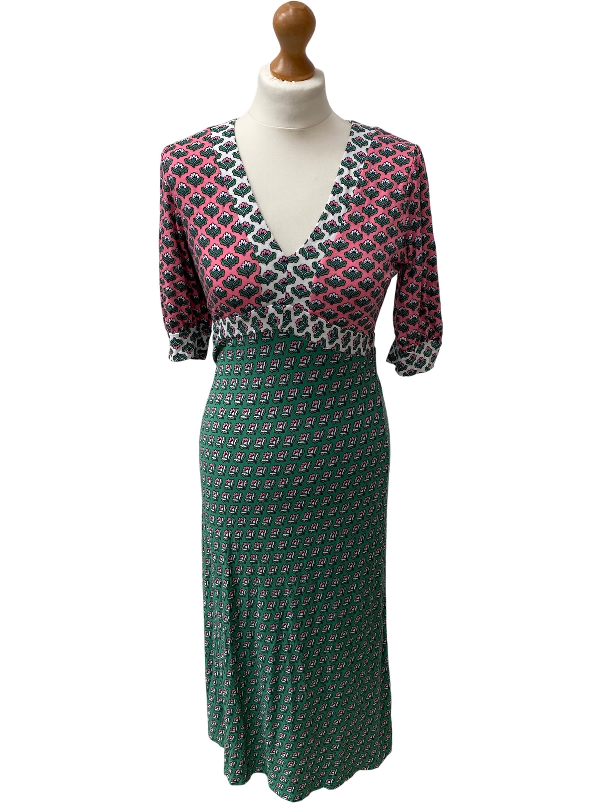 Womens Floral Midi Dress V-Neck Green Pink Size UK 10 1 RVB001
