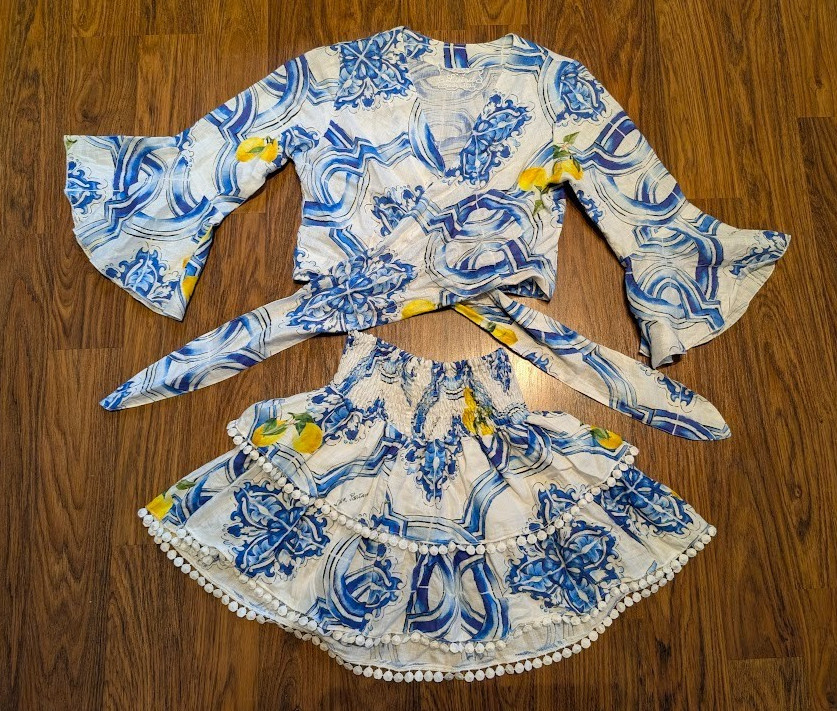 LUISA POSITANO 2pc Dress Wrap Crop Top/ Tiered Mini Skirt Set Sicilian Lemon 4E