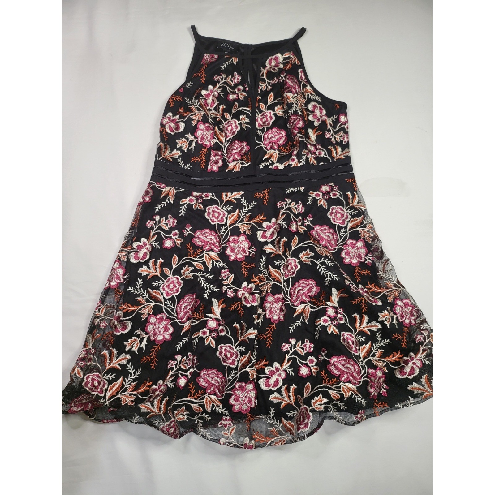 BCX Dress Womens 16W Black Floral Embroidered Halter Neck Cocktail