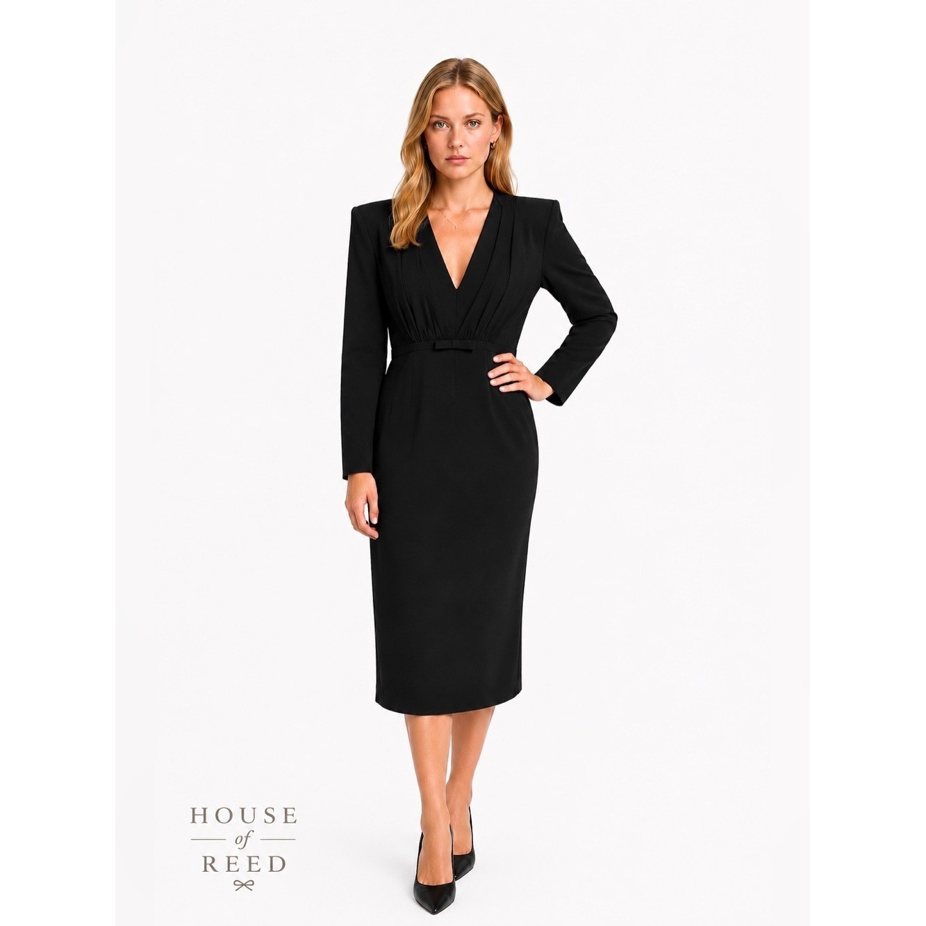 Alexia Admor Black V-Neck Midi Sheath Dress Long Sleeve Shoulder Pad Cocktail