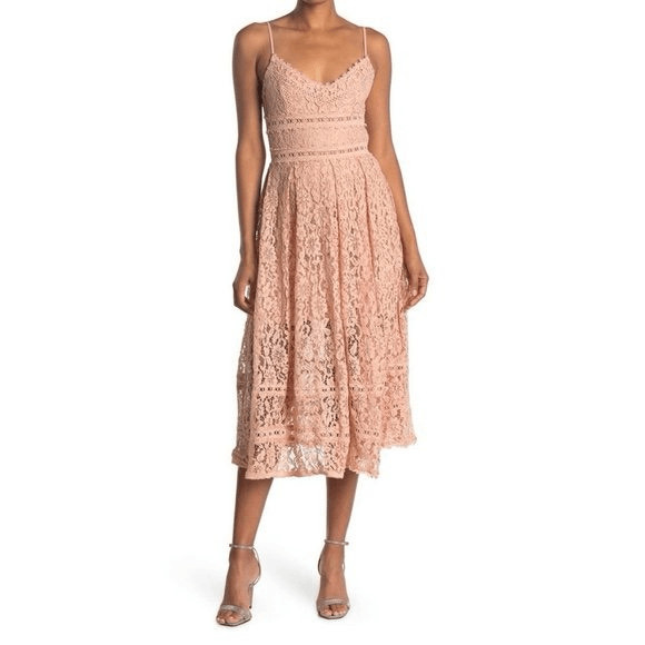 NEW NSR Dress Blush Pink Crochet Lace Spaghetti Strap Midi Size M NWT Romantic