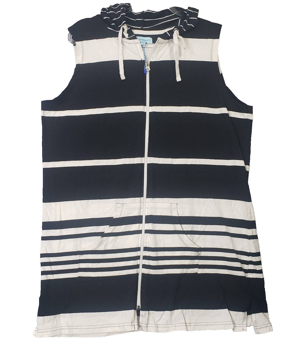 Ellen Weaver Women’s 1X Black White Striped Hooded Cover Up Full Zip Sleeveless