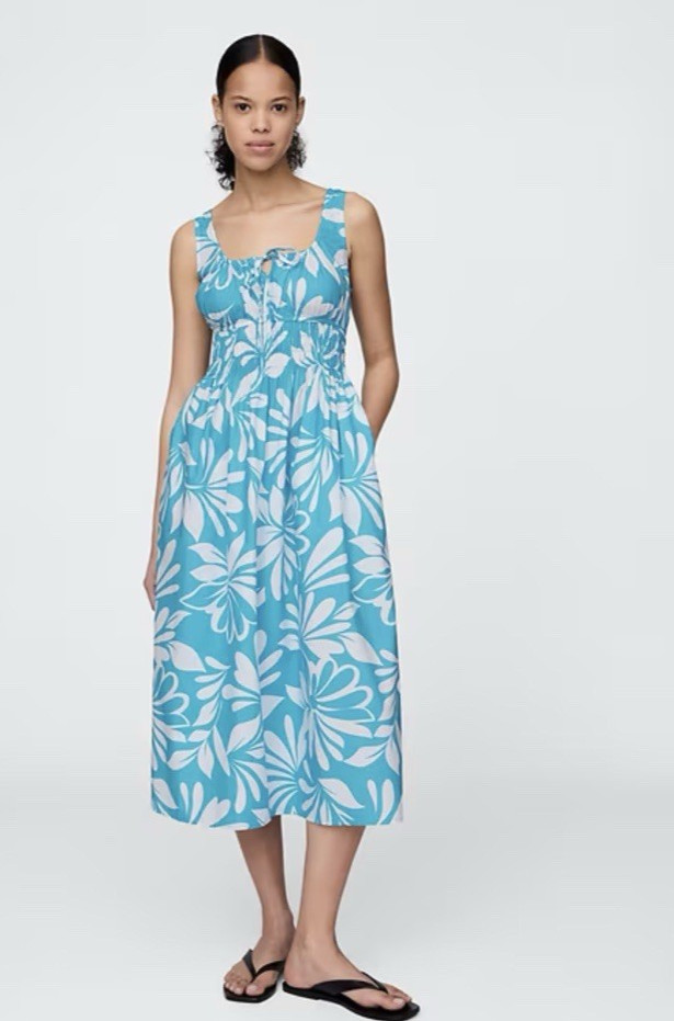 GAP Poplin Smocked Midi Dress Women’s Size XL Resort Summer Vacation Comfort