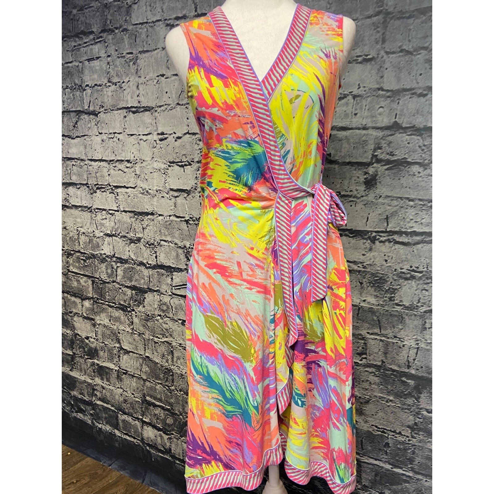 BCBGMAXAZRIA Dress Womens XXS Multicolor Abstract Print Sleeveless Wrap Tie Belt