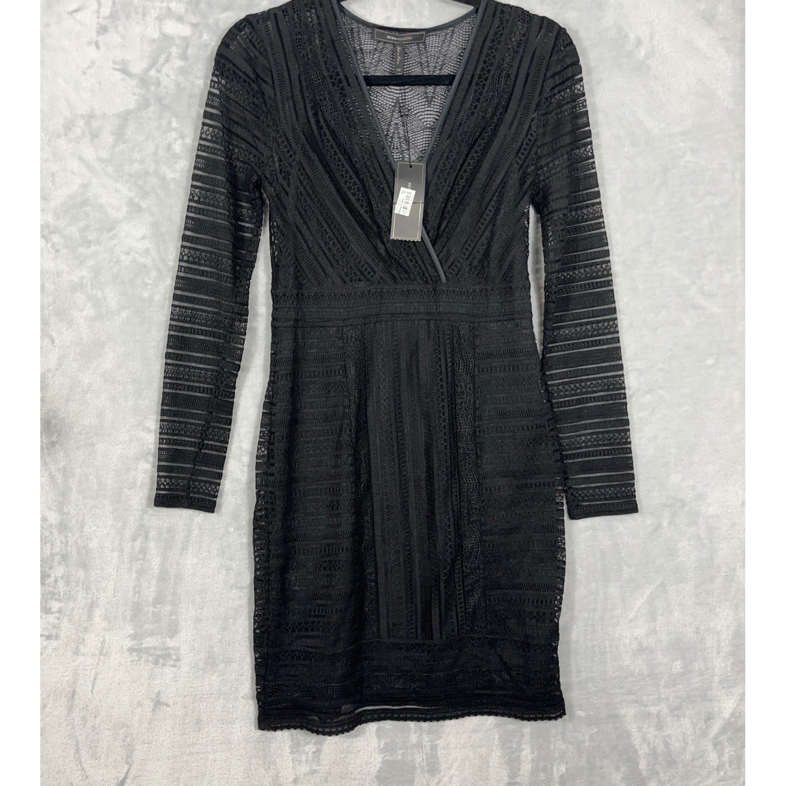 BCBGMAXAZRIA Womens XS Black Geometric Lace Long Sleeve V-Neck Midi Dress NWT
