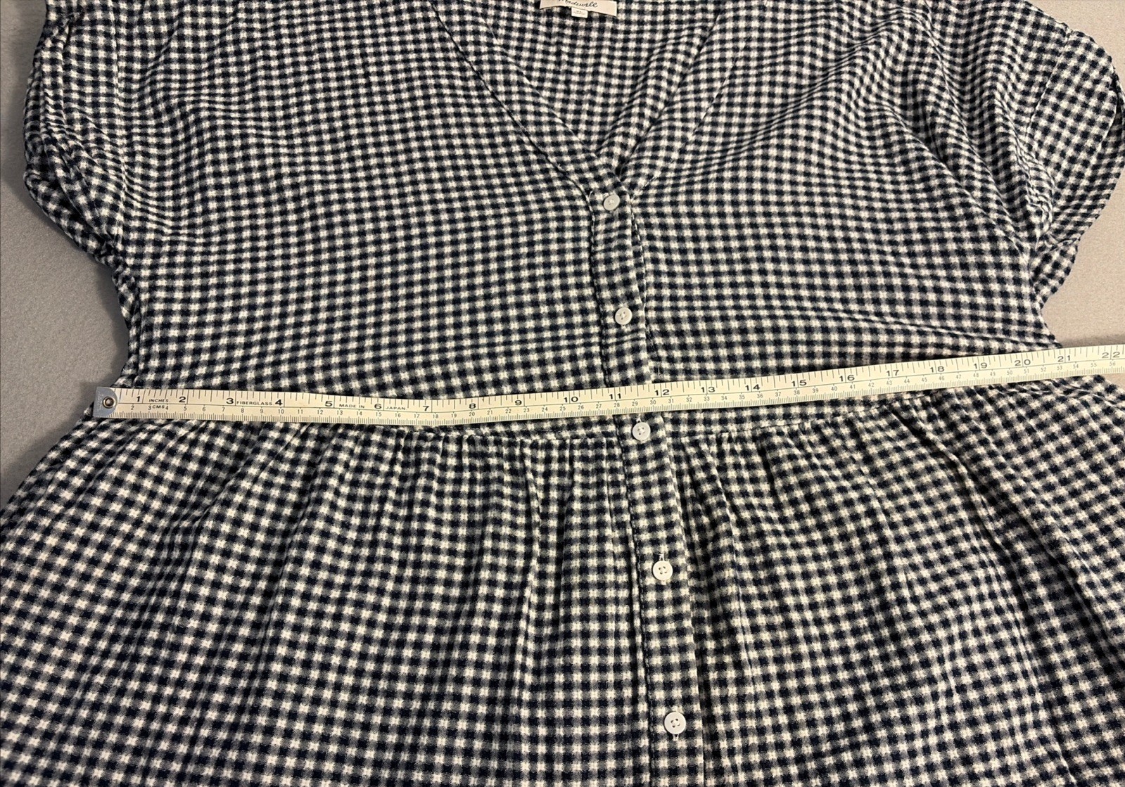 Madewell Gingham Tiered Mini Dress Black White Cuff Sleeve Button Front XL