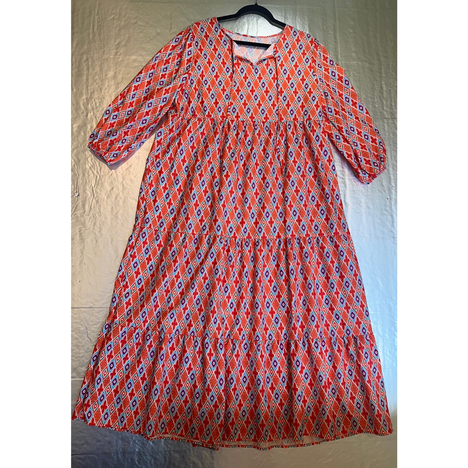 Women’s Boho Midi Dress XXL Orange Geometric Tiered 3/4 Sleeve NWOT