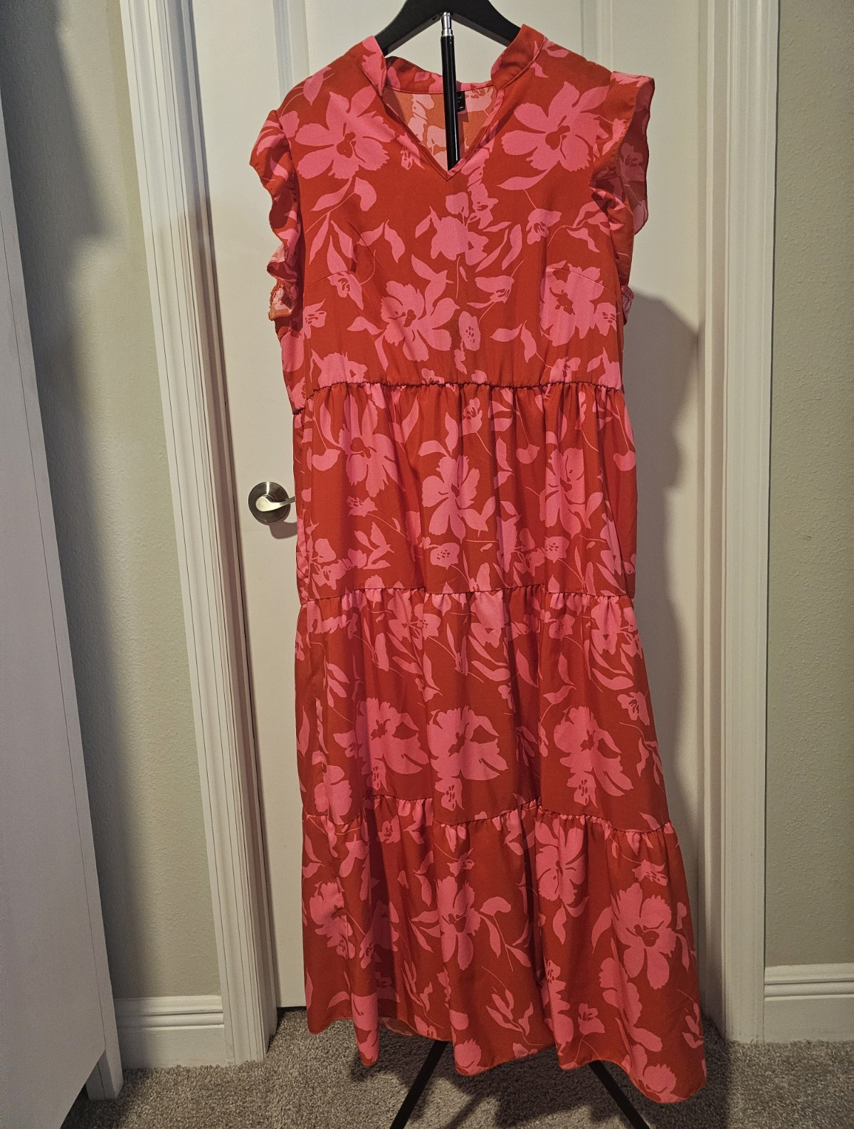 SHEIN Curve Women’s Red/Pink Floral Maxi Dress V-Neck Short Sleeve Plus 0XL