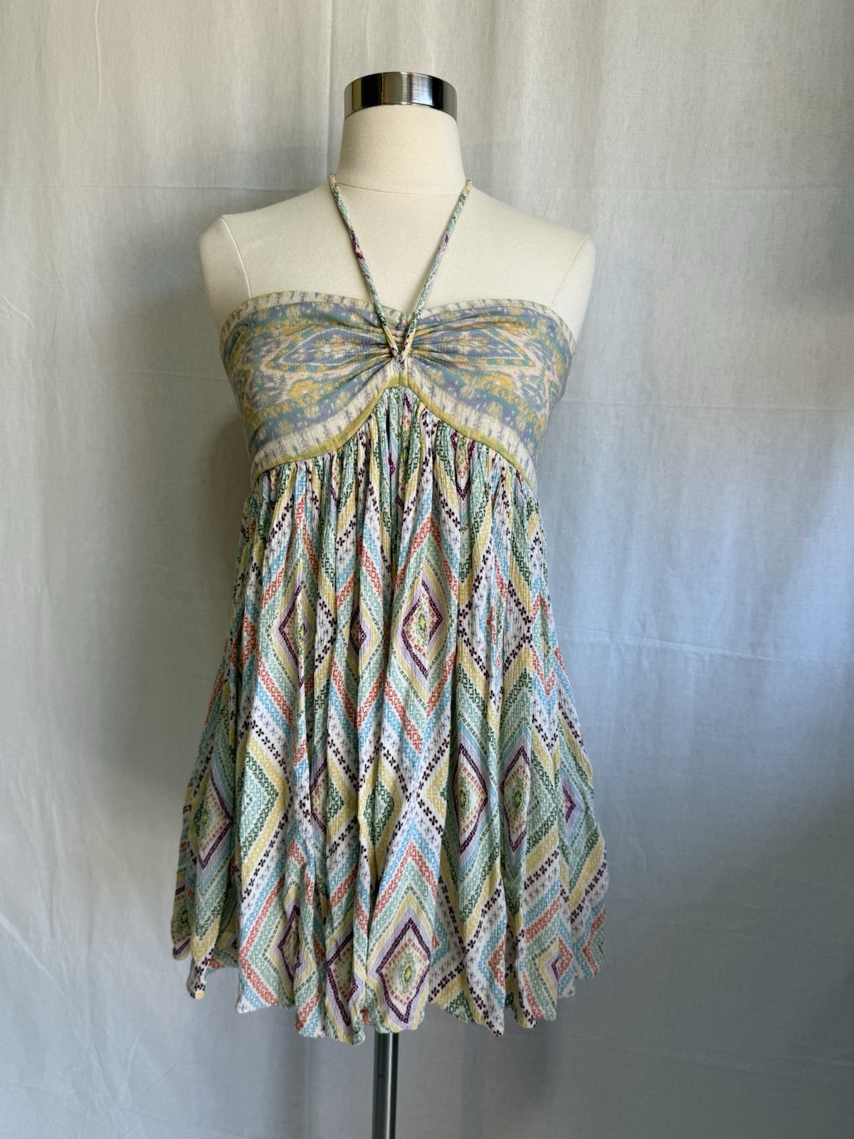 Women’s Multicolor Geometric Halter Tie-Back Short Sundress M Adjustable #187