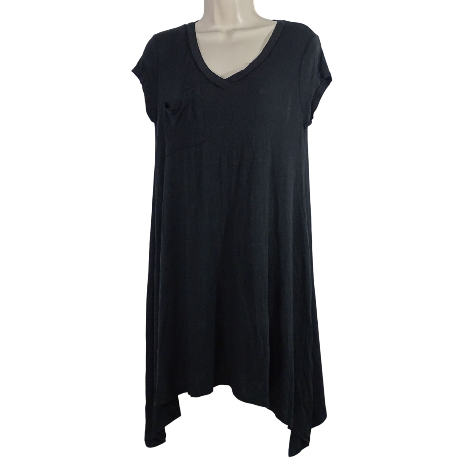 No Comment Black V-Neck T-Shirt Dress Women Size L Asymmetrical Hem With Pocket
