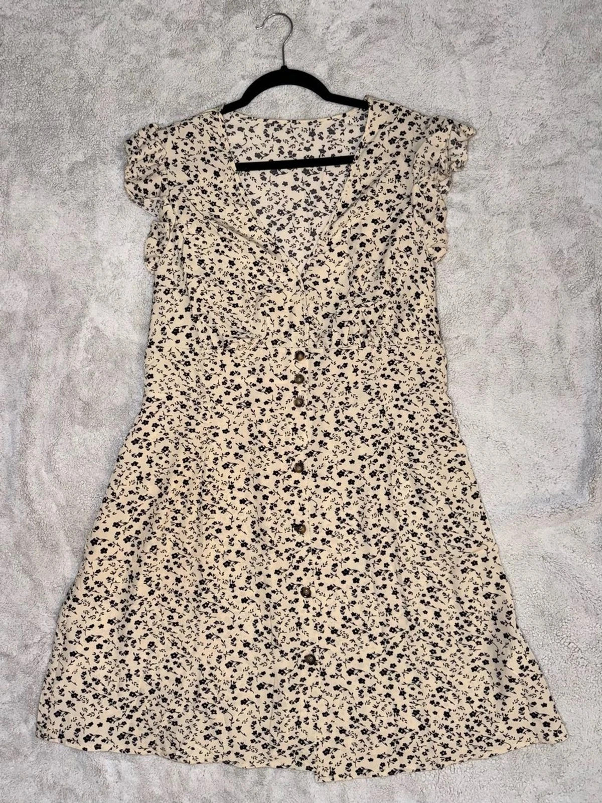 Floral Ruffle Sleeve Button Front Mini Dress Cottagecore Boho Cream Black