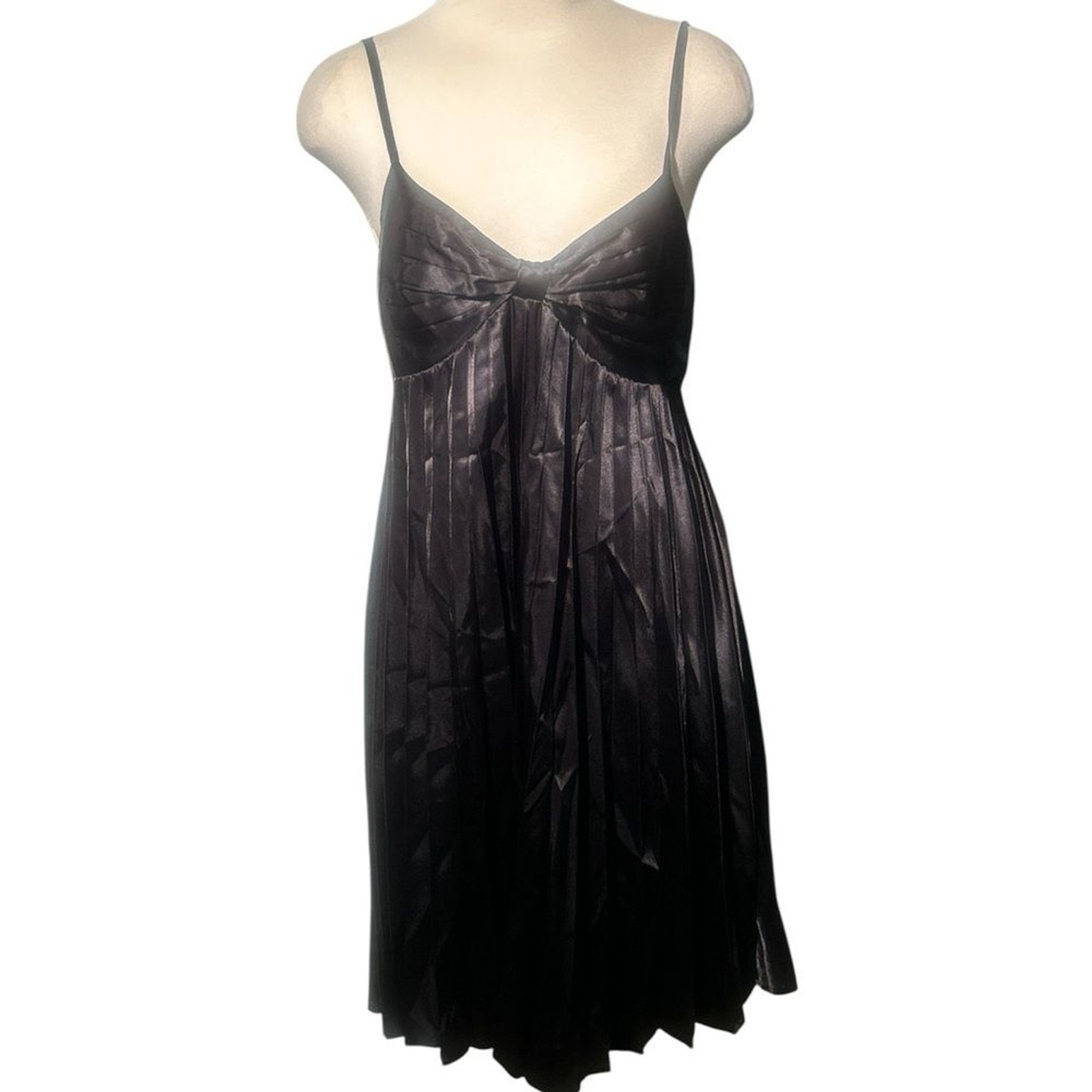 Bardot Black Satin Slip Dress with Spaghetti Straps Pleated Size 10
