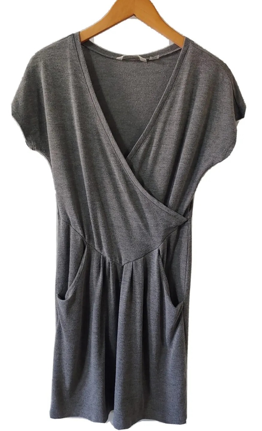 Derek Heart Dress Womens L Gray Faux Wrap Cap Sleeve Stretch Pockets V-Neck