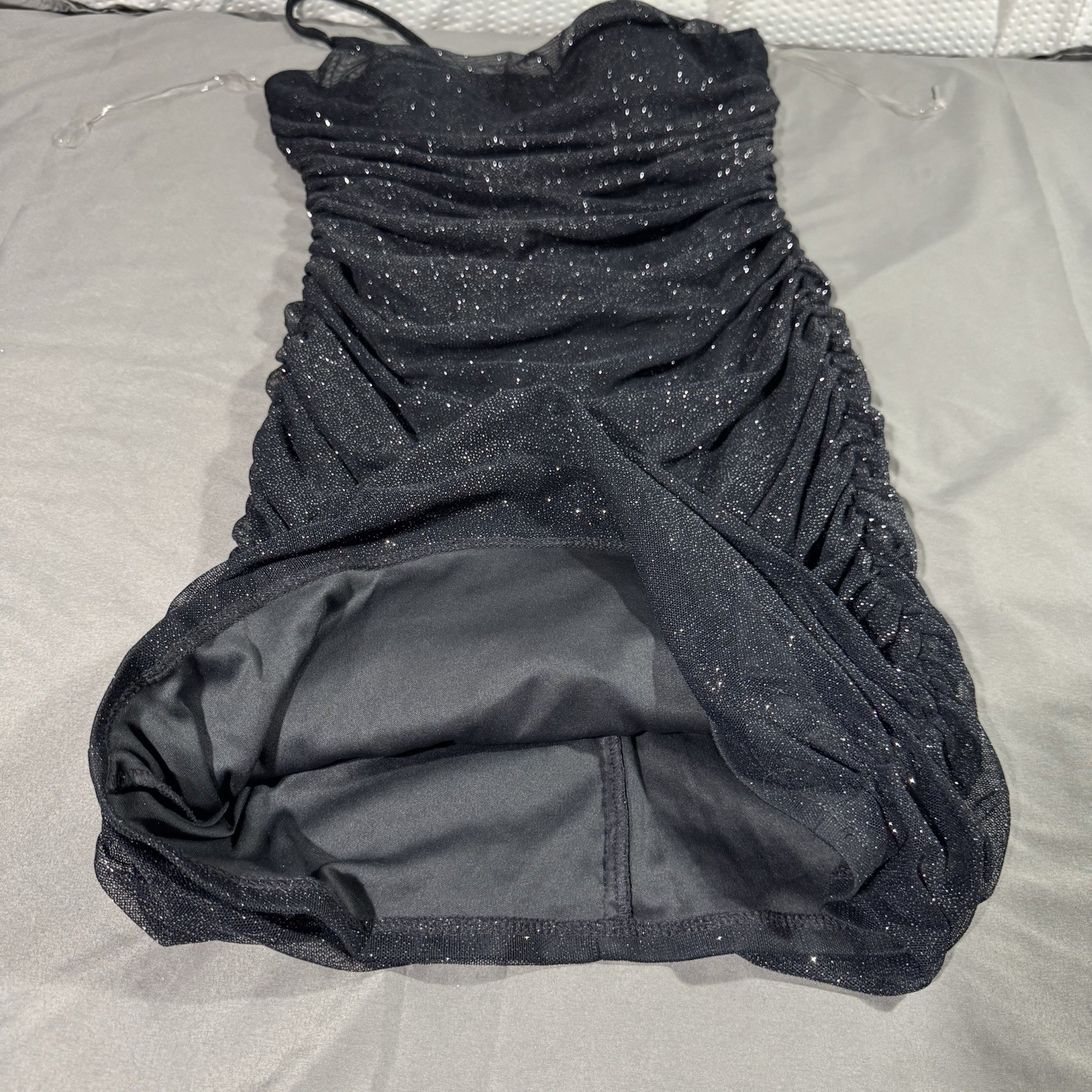 Pear Culture Ruched Glitter Tube Dress Stretch Sz L Lined Straps Black Silver