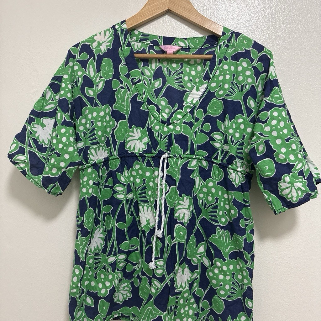 Lilly Pulitzer Women’s XS Green Blue White Floral V-Neck 3/4 Drawstring Dress