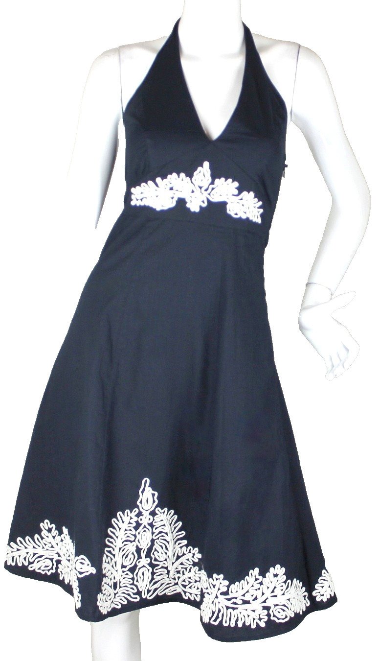{TOMMY BAHAMA} Halter Dress Sz. 2 Fit & Flare Dark Blue White Embroidered Summer