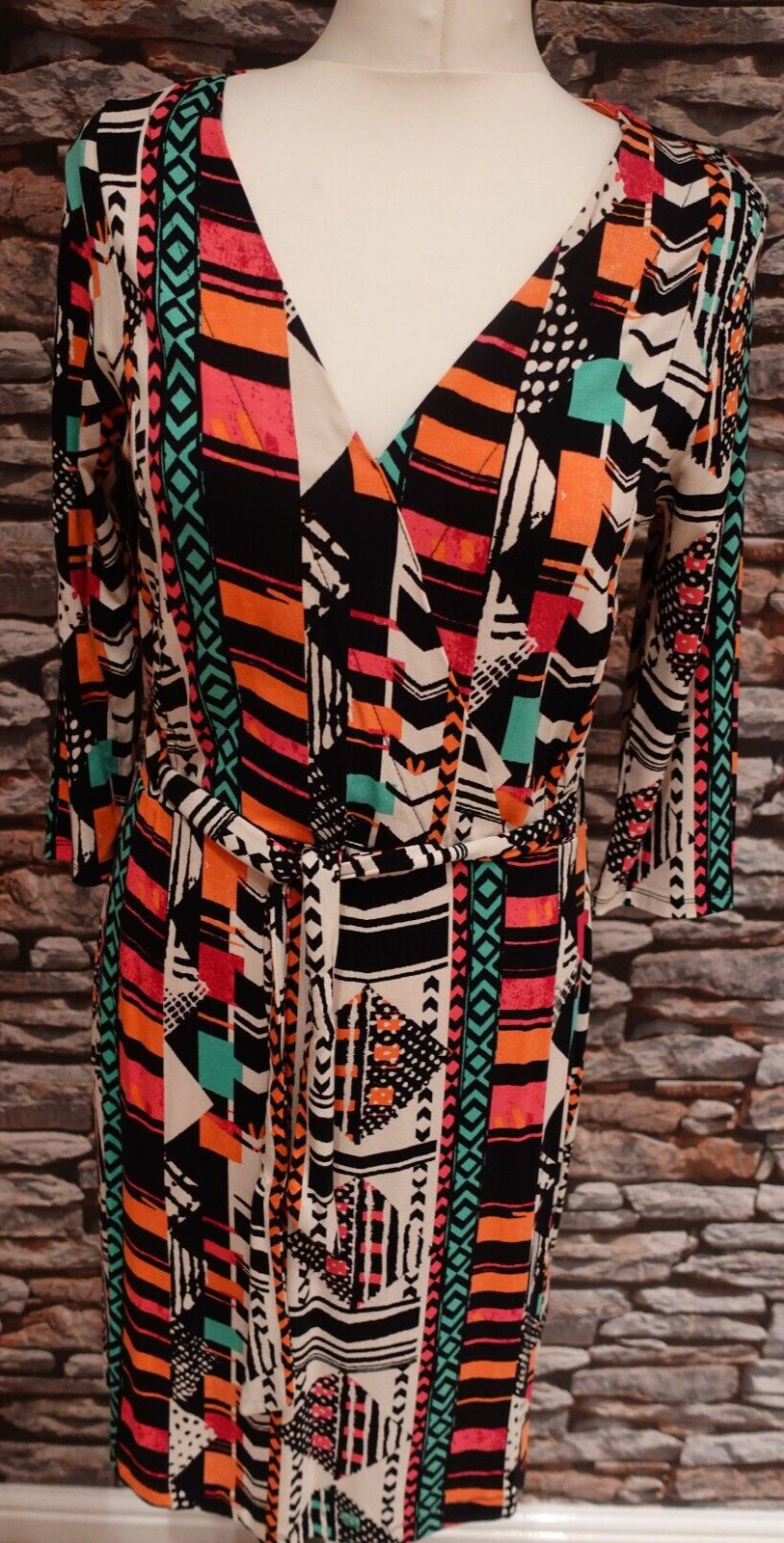 Next Ladies Elasticated Waist Tie Fronted Multicoloured 3/4 Sleeve Dress Size 10