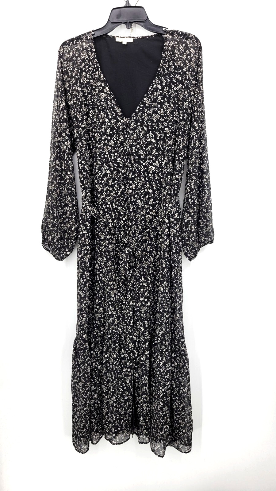 Z Supply Dress Womens Large Black White Floral Chiffon Belted Tiered Flowy Boho