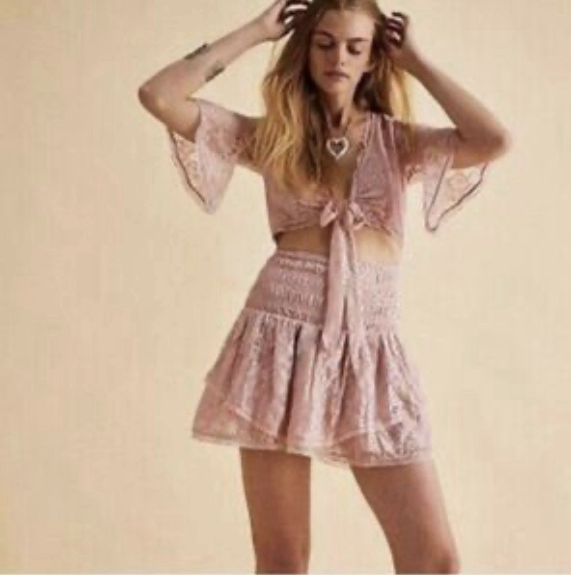 Free People Lace Two Piece Set Pink Tie Front Crop Top Skirt Size M Boho