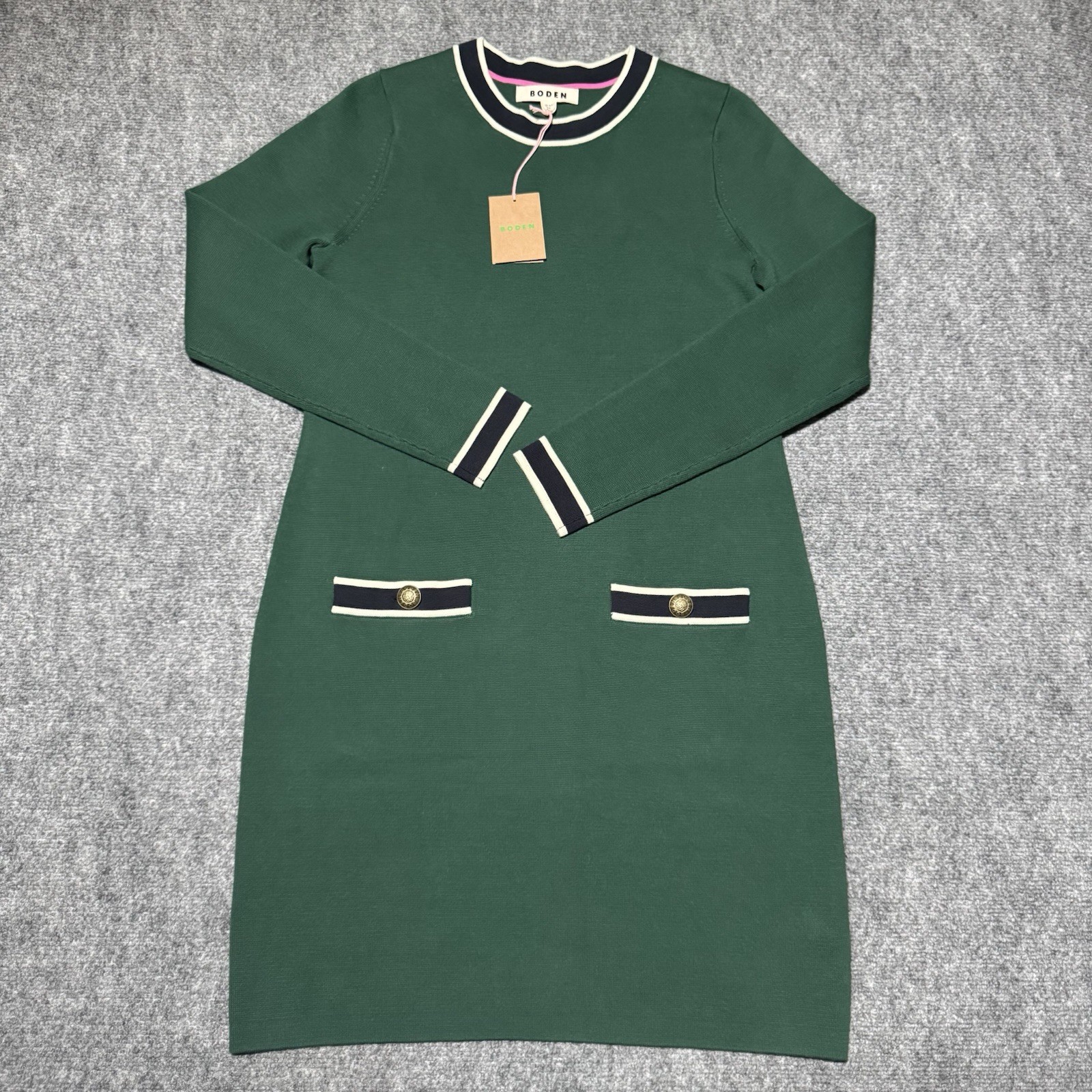 Boden Holly Knitted Dress Green Long Sleeve Gold Button Casual Cotton 8R NWT