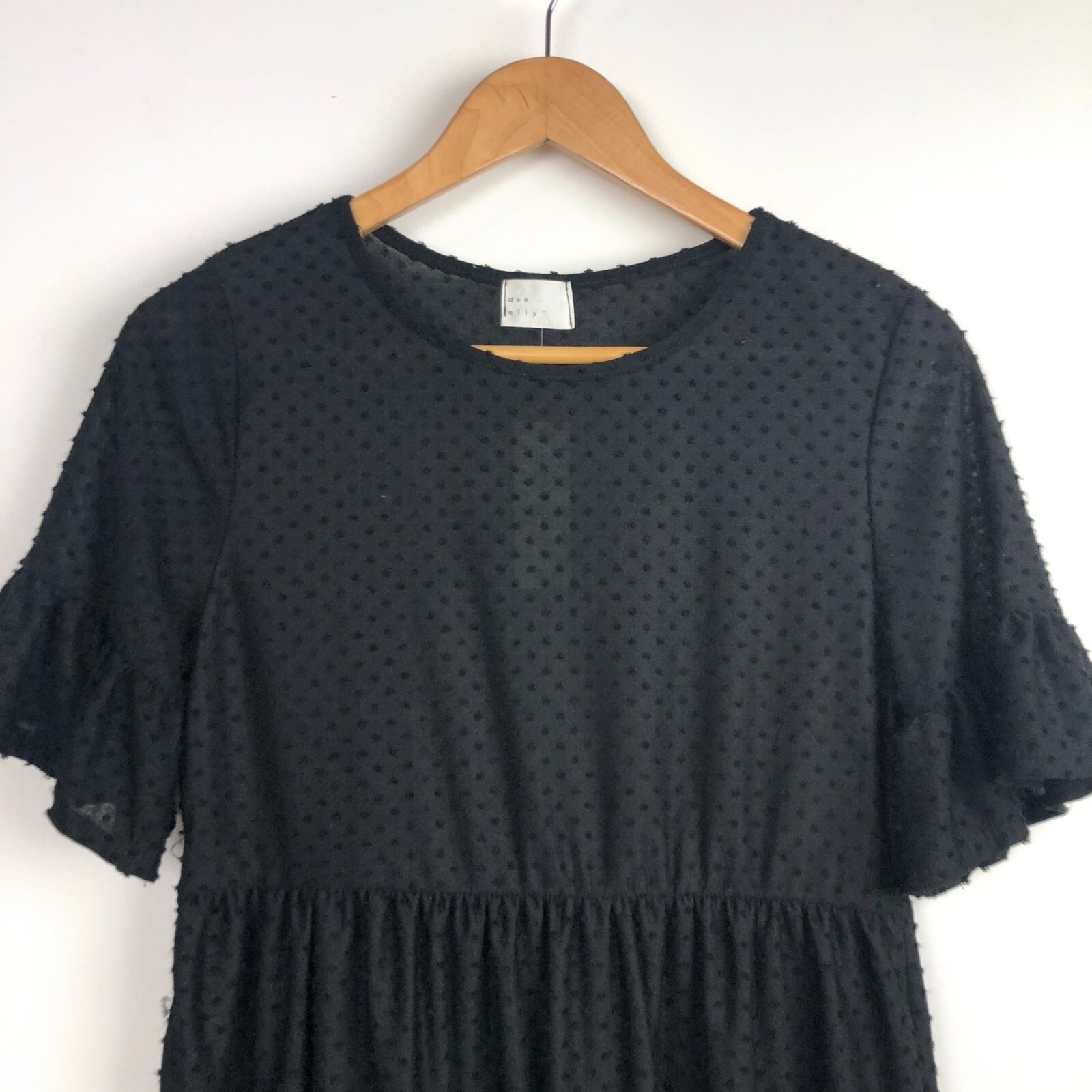 NWT Dee Elly Women’s Swiss Dot Bell Sleeve Dress Elastic Waist Black Size Medium