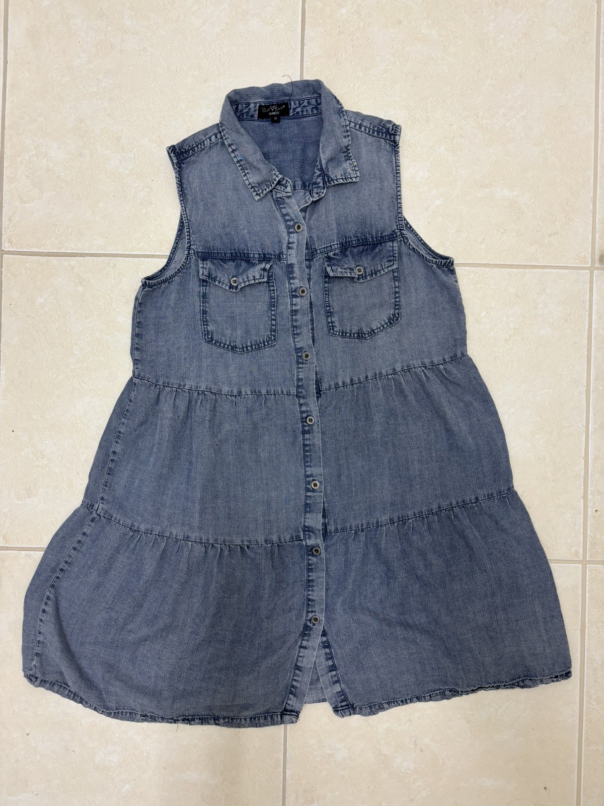 Velvet Heart Sleeveless Denim Look Midi Dress Womens Blue Tiered Ruffle MEDIUM