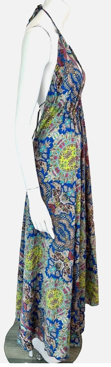 Silk Halter Maxi Dress Size One Size Boho Blue Paisley Floral Backless VNeck EUC