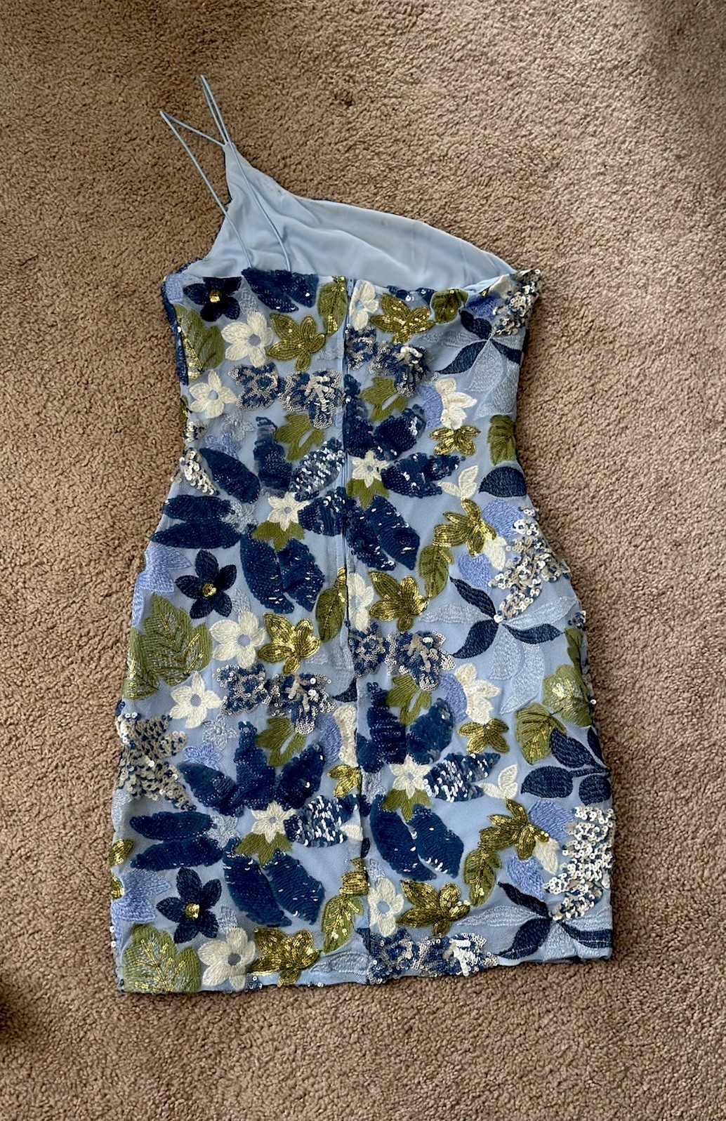 Blue White Green Floral Square Neck Spaghetti Strap Lined Mini Bodycon S Zip