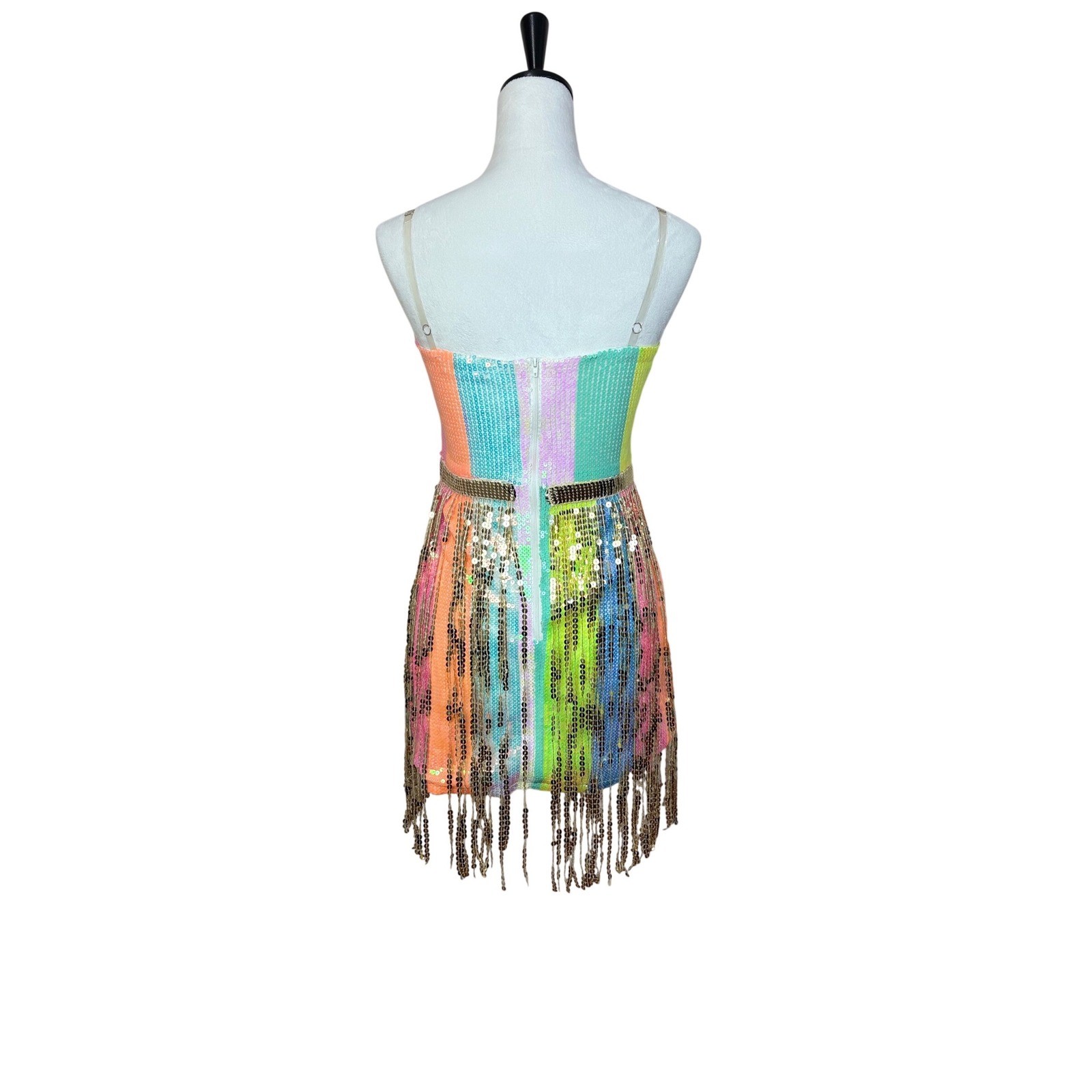Sparkly Sequin Rainbow & Gold Fringe Mini Dress Blue B Size Small Pride Colorful