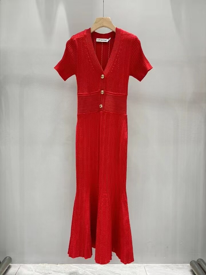 Self-Portrait Women’s V-neck Mesh knit short-sleeved fishtail dress