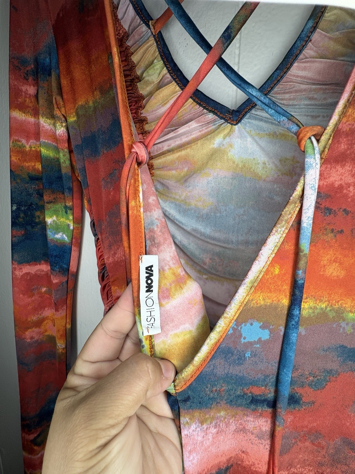 FASHION NOVA Multicolor Ruched Bodycon Dress V-Neck Criss Cross Long Bell Sleeve