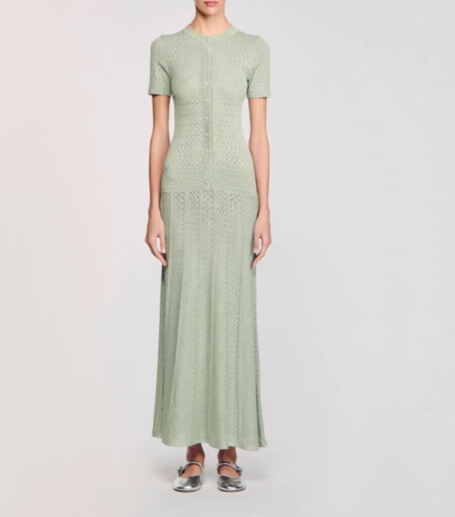 Women Sandro Round Neck Knit Short Sleeve Shirt Midi Dress silm knitted grace
