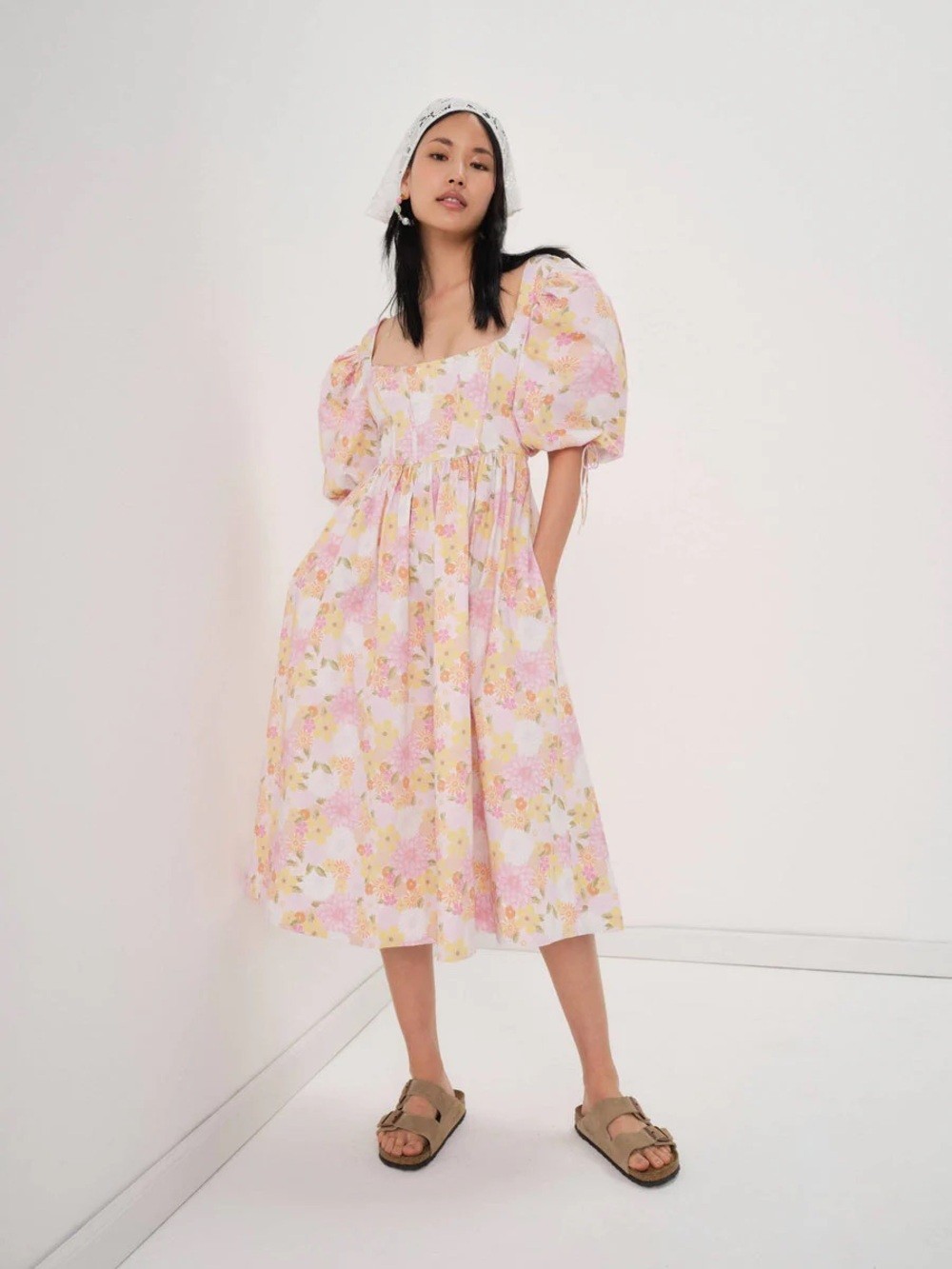 For Love and Lemons Carrie Floral Square-Neck Pink Puff-Sleeve Midi Dress