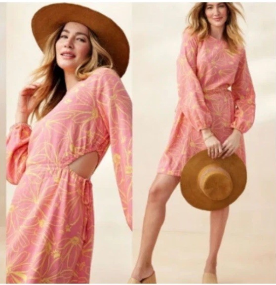 Universal Thread Pink Yellow Floral Mini Dress Women Linen cut-out Beach Boho