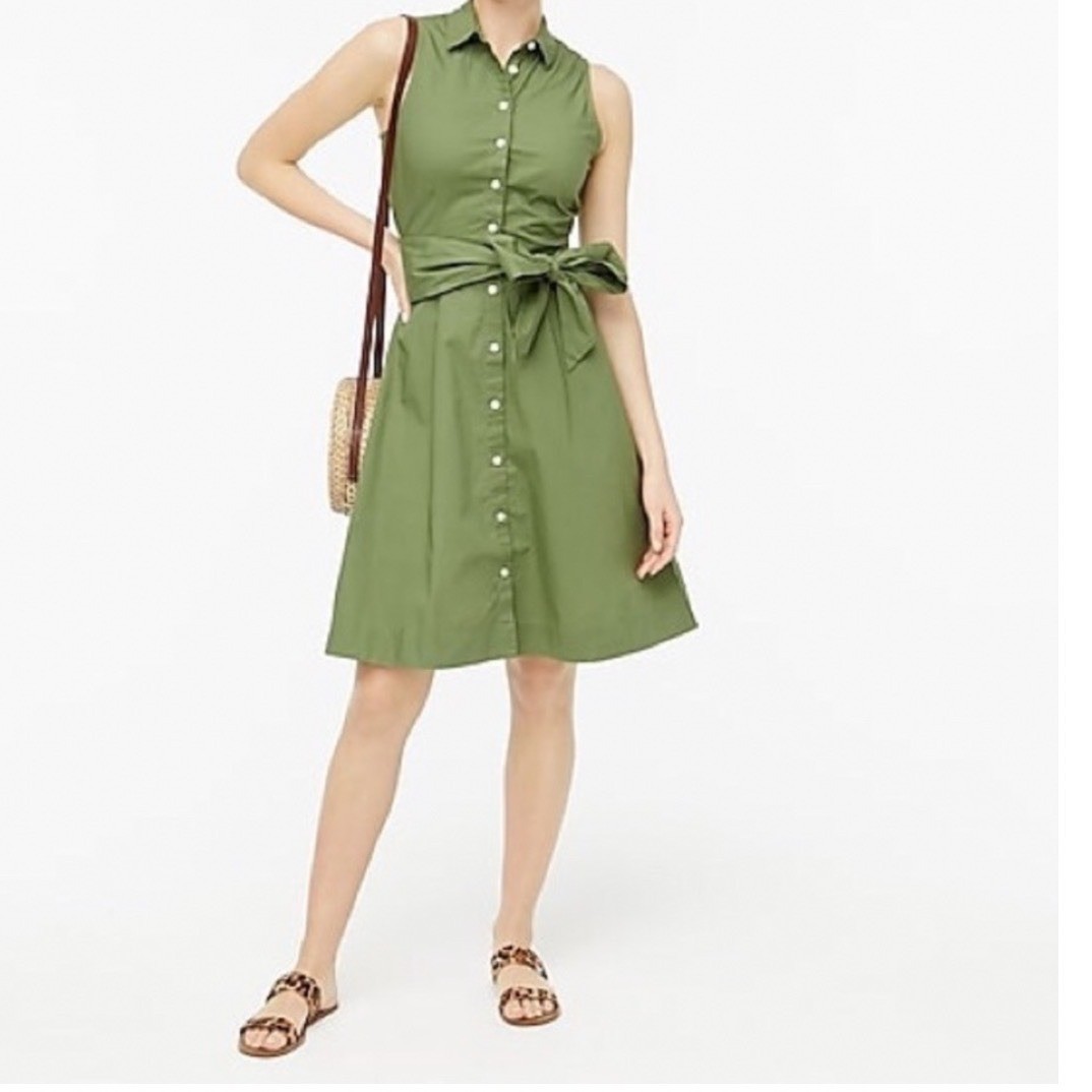 J.Crew Womens Olive Green Cotton Poplin Sleeveless Tie Waist Shirt Dress Size 2