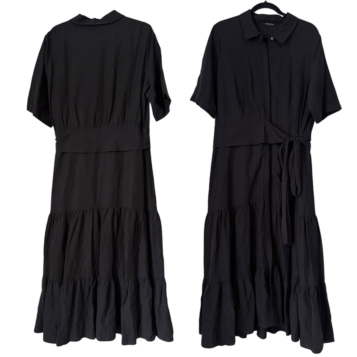 Kobi Halperin Tiered Linen Blend Wrap Shirt Maxi Dress Black XL Collared