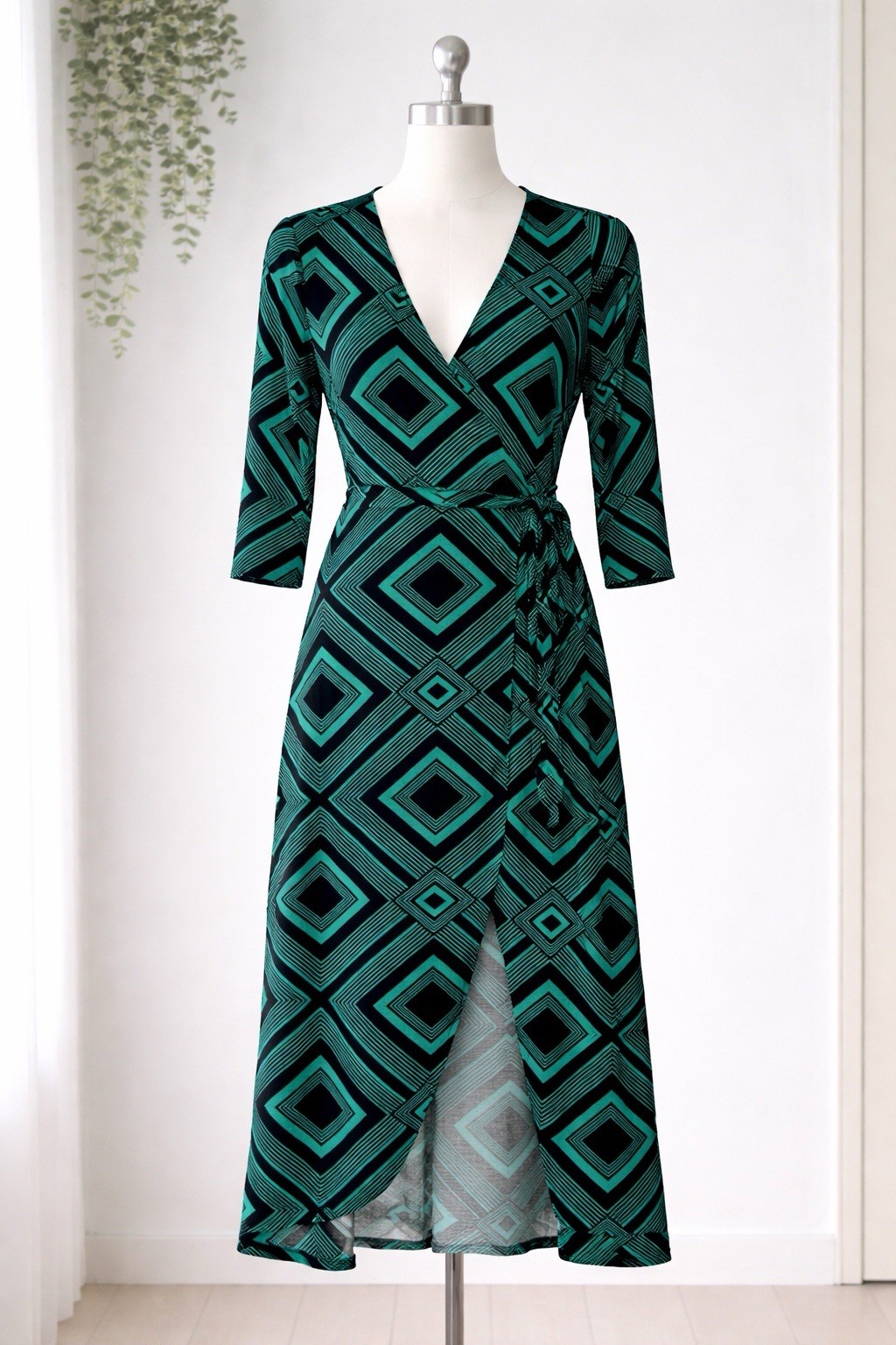 Roman Jersey Maxi Wrap Dress Size 16 Geometric Green/Black 3/4 Sleeve