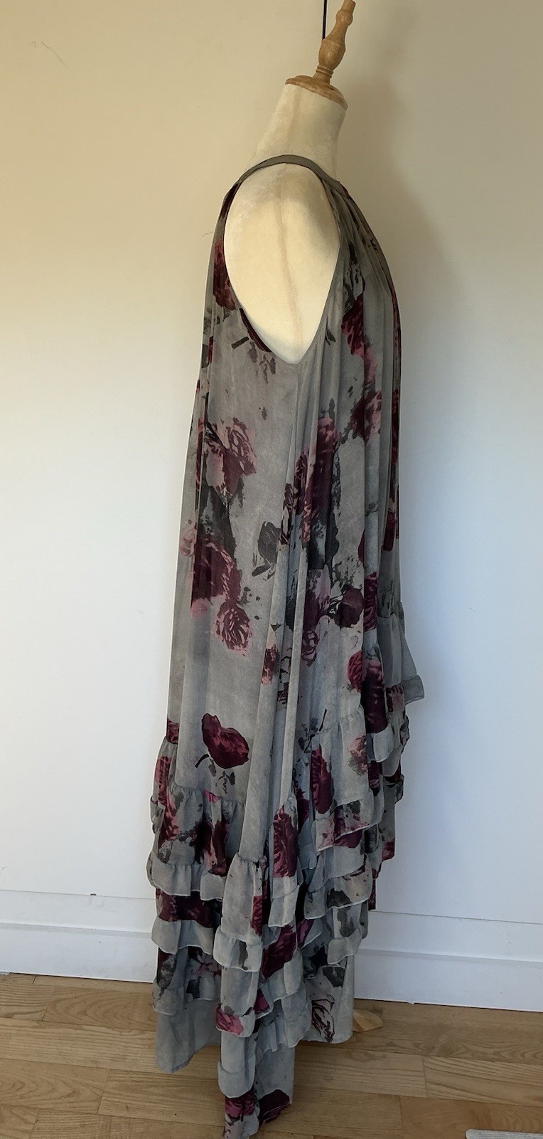 Vintage Religion Grey Purple Floral Halter Neck Maxi Dress Ruffle Hem Size M
