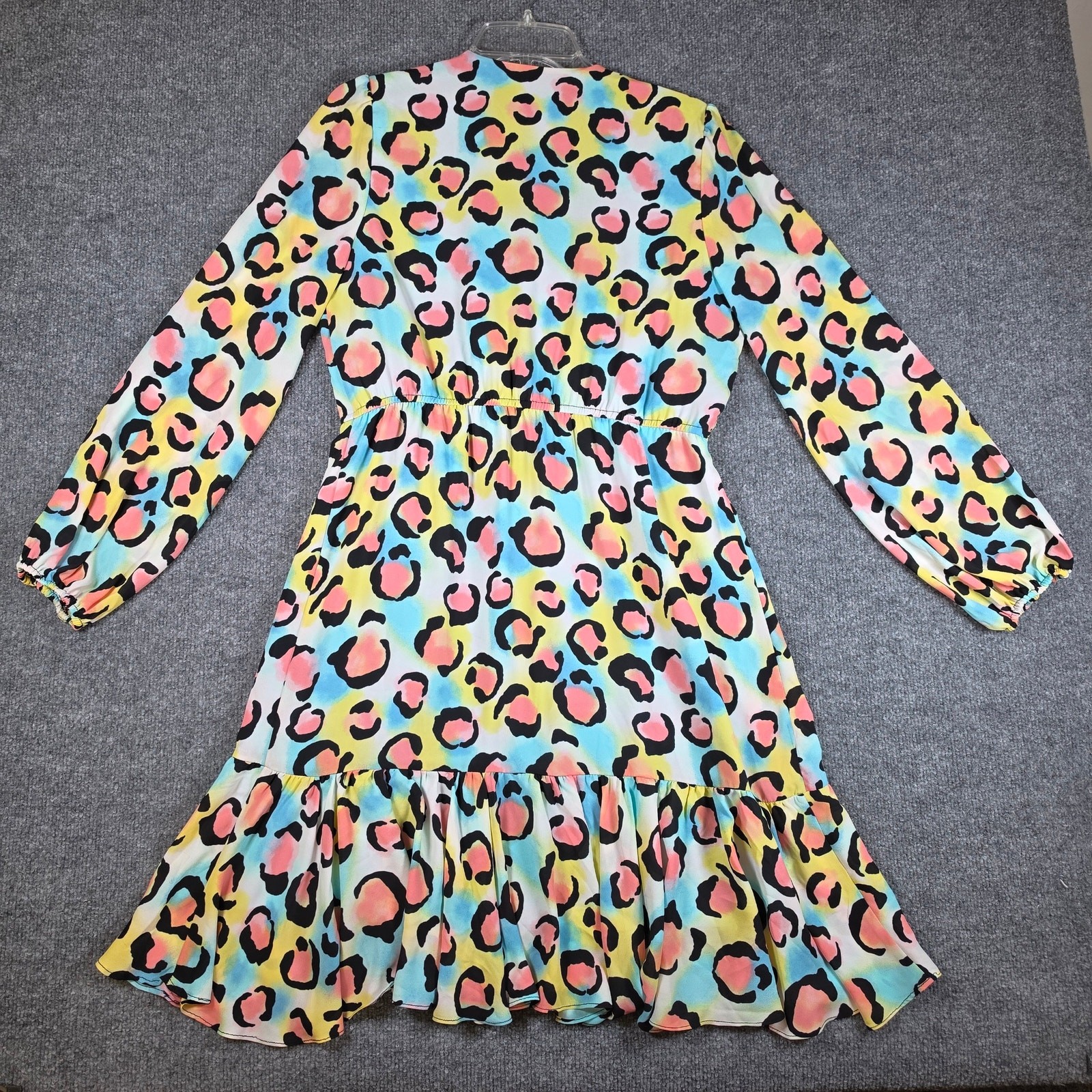 New York & Company Pastel Leopard Dress Medium Faux Wrap High-Low Ruffle Multi M