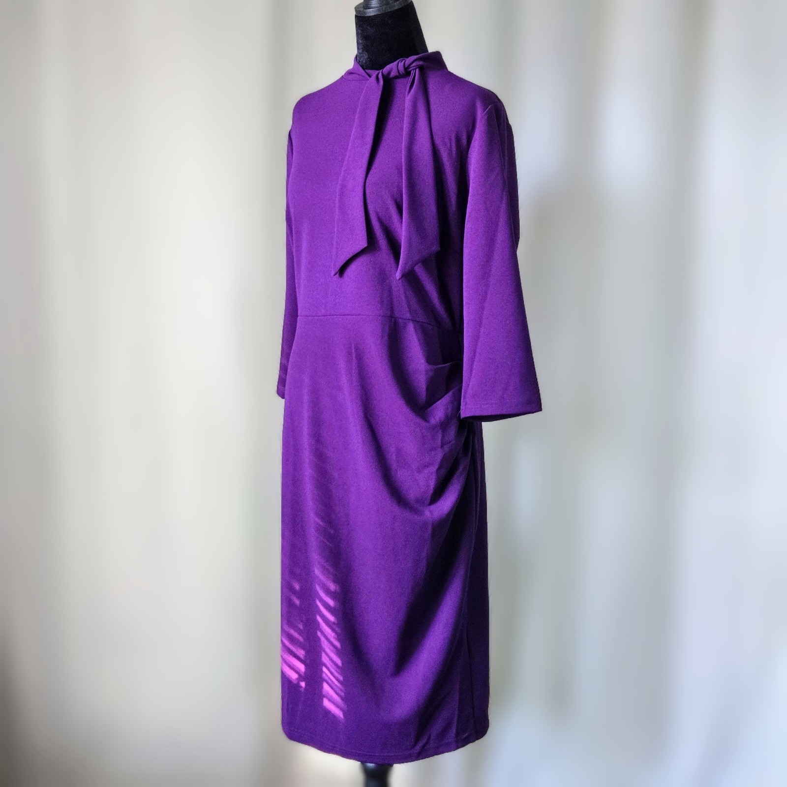 Miusol L Purple Retro Tie Neck Ruched Sheath Midi Dress Half Collar Career