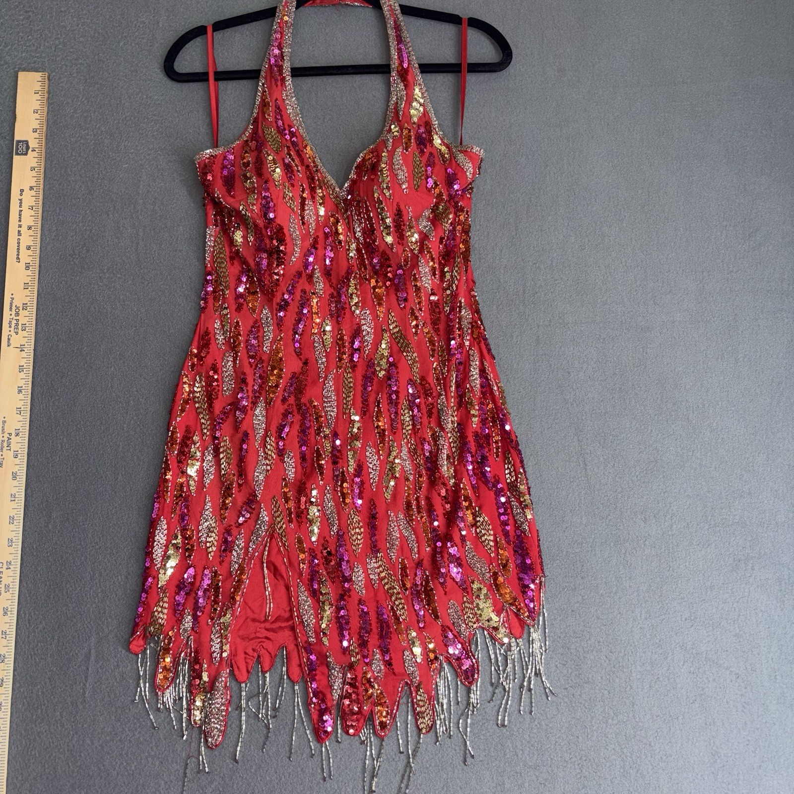 Niteline Red Beaded Sequin Fringe V-Neck Sheath Dress Size 8 Lined
