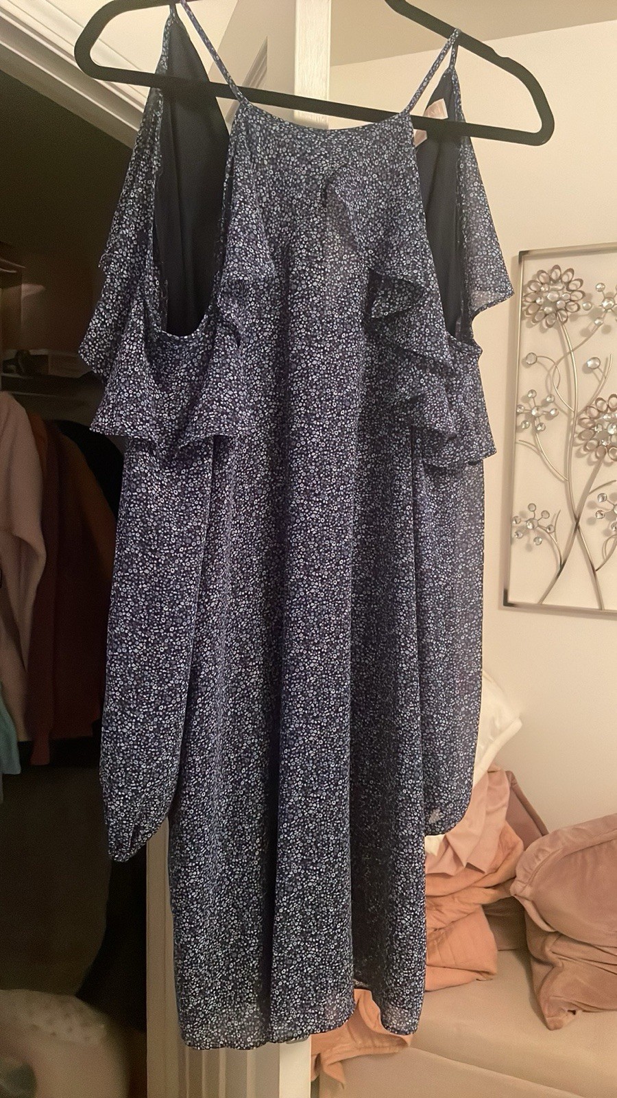 Michael Kors Polka Dot Cold Shoulder Ruffle Shift Dress V-Neck Blue/White M