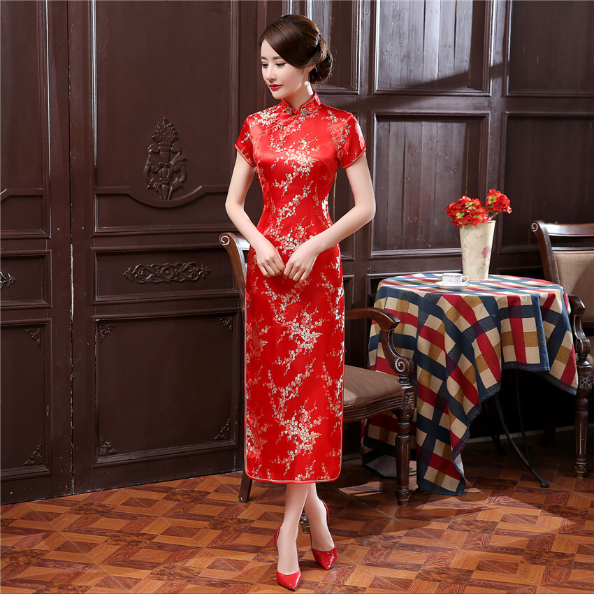 Chinese Traditional Silk Satin Cheongsam Women Long Qipao Wedding Party Dress