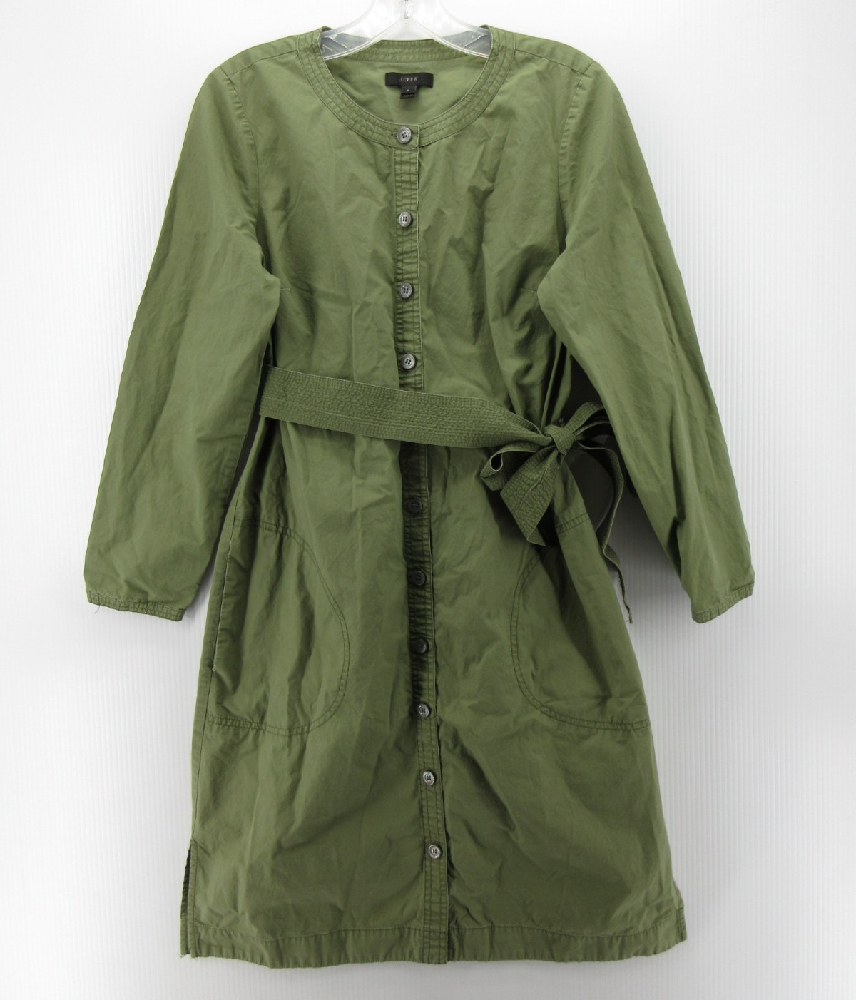 J Crew Dress Women Small Green Olive Shirt Button Front Belted Utility Pockets
