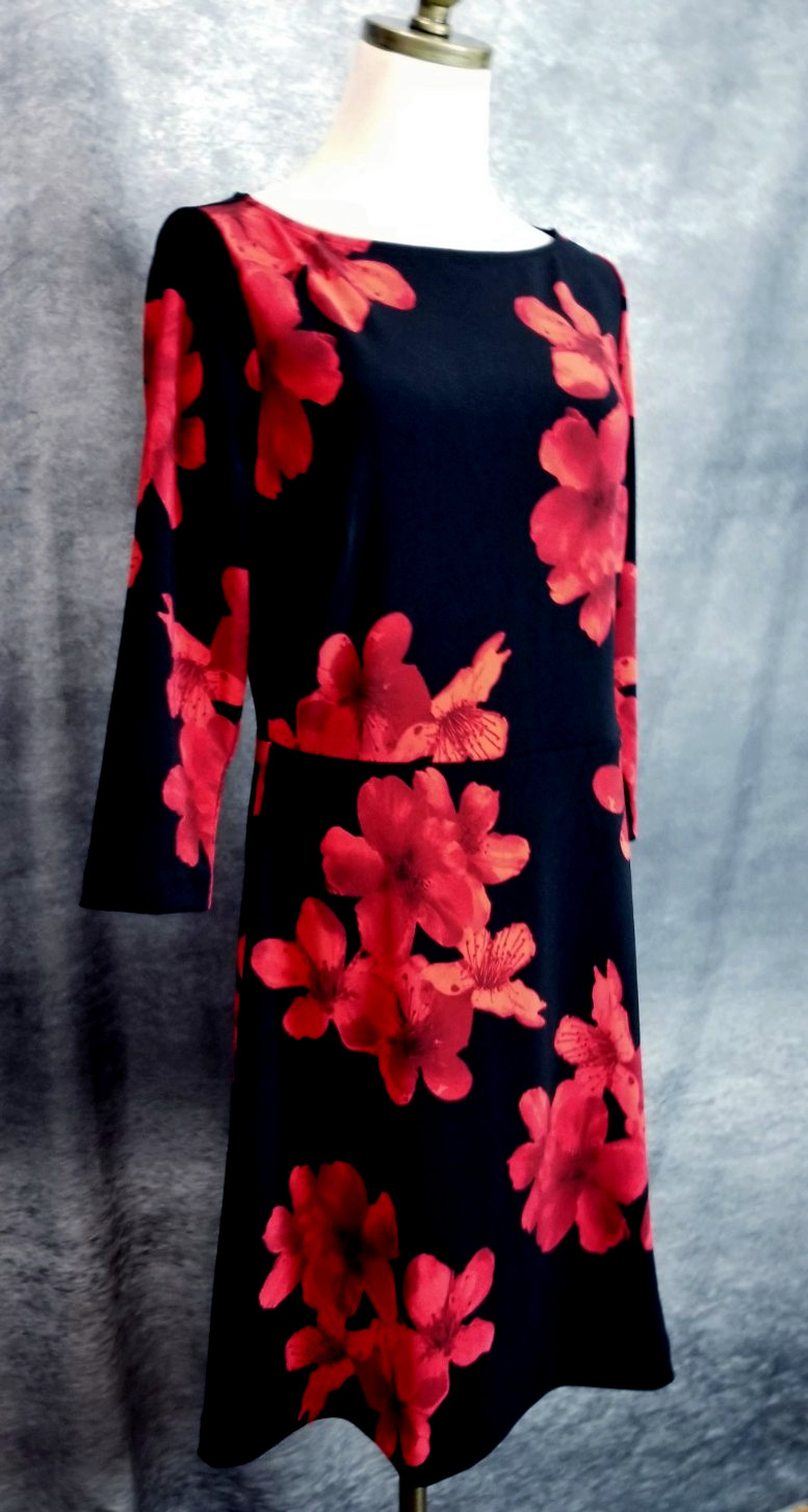 Boston Proper Womens Size M Black & Red Floral Scoop Neck Dress Fit & Flare