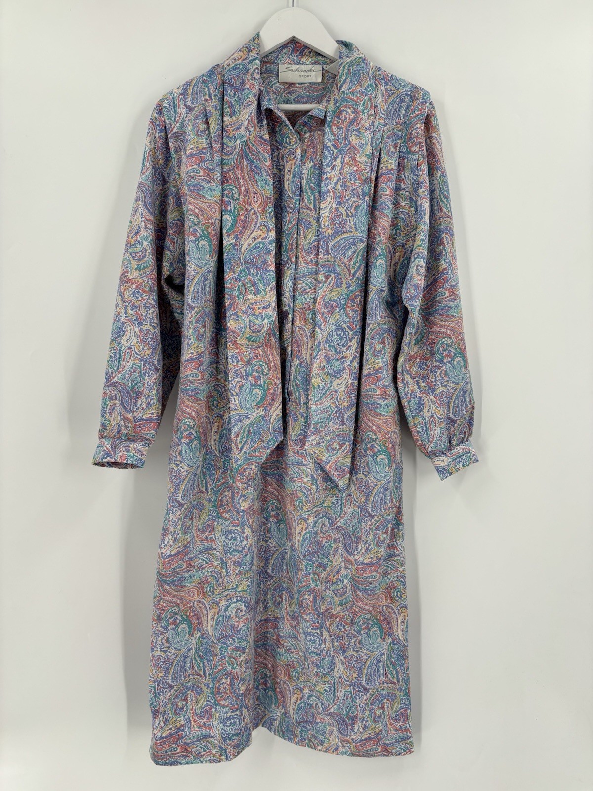 Schrader Vintage Dress Womens 12 Blue Pink Belted Paisley Pussybow Midi Colorful